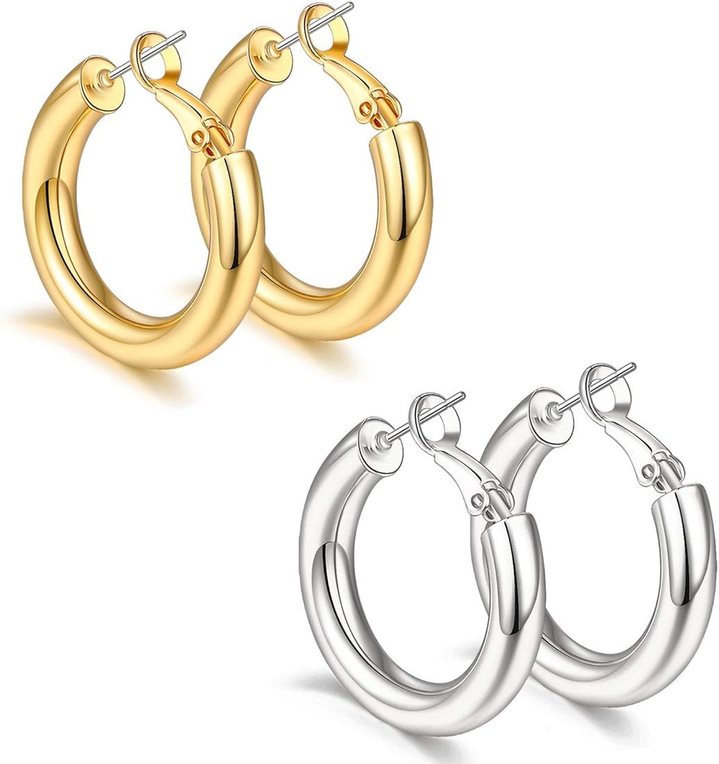 sovesi Chunky Gold Hoop Earrings for Women with 925 Sterling Silver Post, 14K Gold Plated Thick G... | Amazon (US)