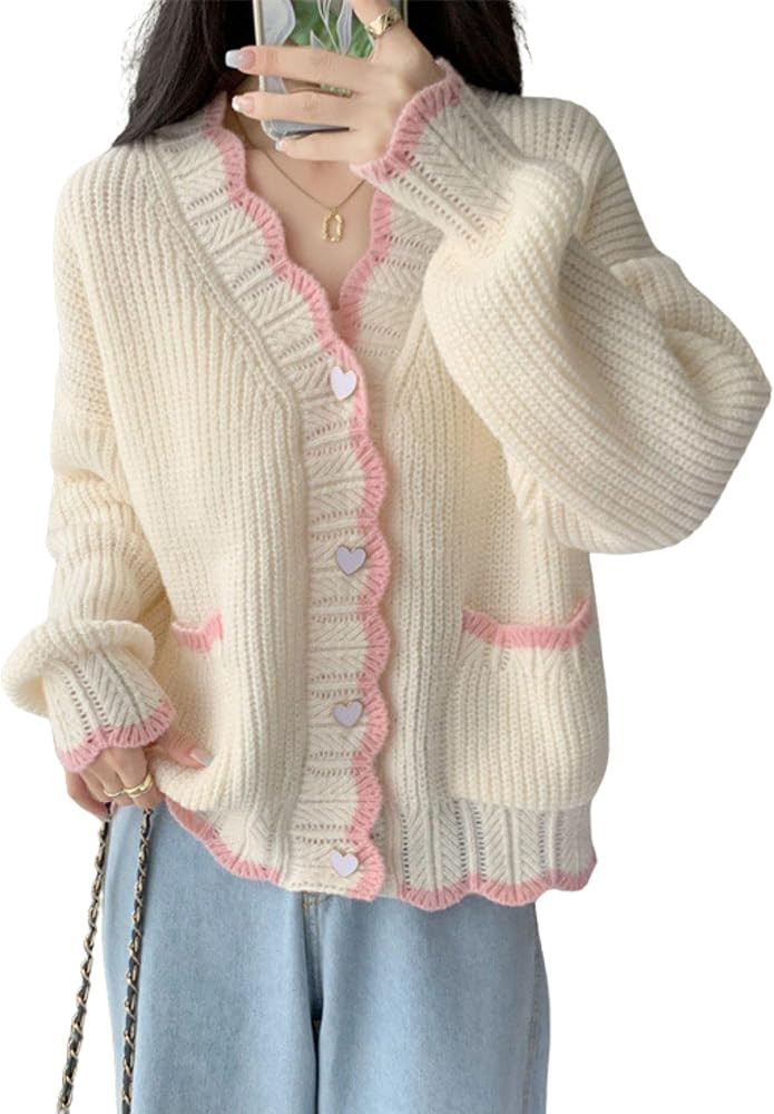 FindThy Women’s Cute Cardigan Sweater Kawaii V-Neck Long Sleeve Heart Button Color-Blocked Knit... | Amazon (US)