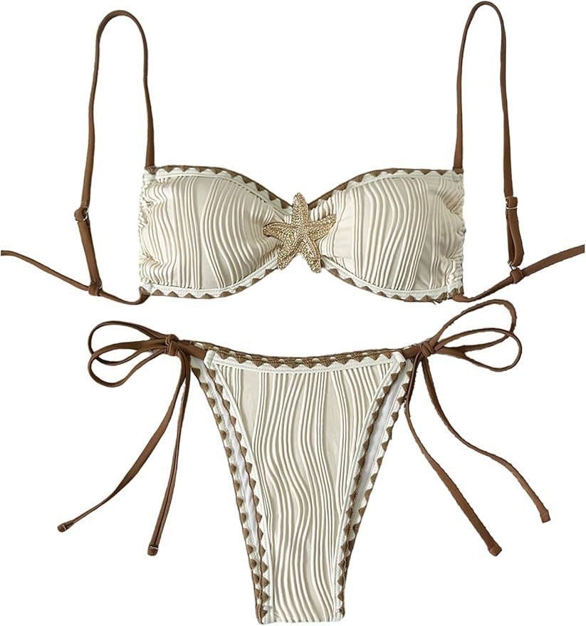 SHENHE Women's String Bikini Set Starfish Metal Side Tie Color Block Textured 2 Piece Swimsuits | Amazon (US)