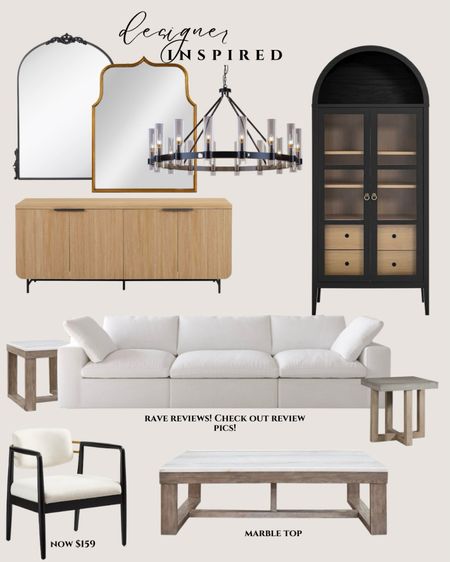 Designer look for less home. Splurge or save home: white sofa modern: white couch comfy. Cloud couch. Marble top coffee table. Jagger accent chair. Tall cabinet arched. Reeded sideboard white oak. Round chandelier wagon wheel. Brass mirror black. 

#LTKMostLoved #LTKsalealert #LTKhome