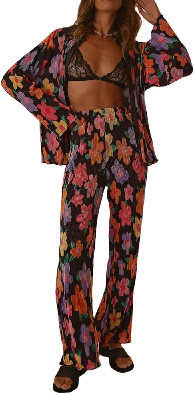 Women 2 Piece Pleated Pants Set Floral Print Button Down Long Sleeve Shirt Blouses Tops+Wide Leg ... | Amazon (US)