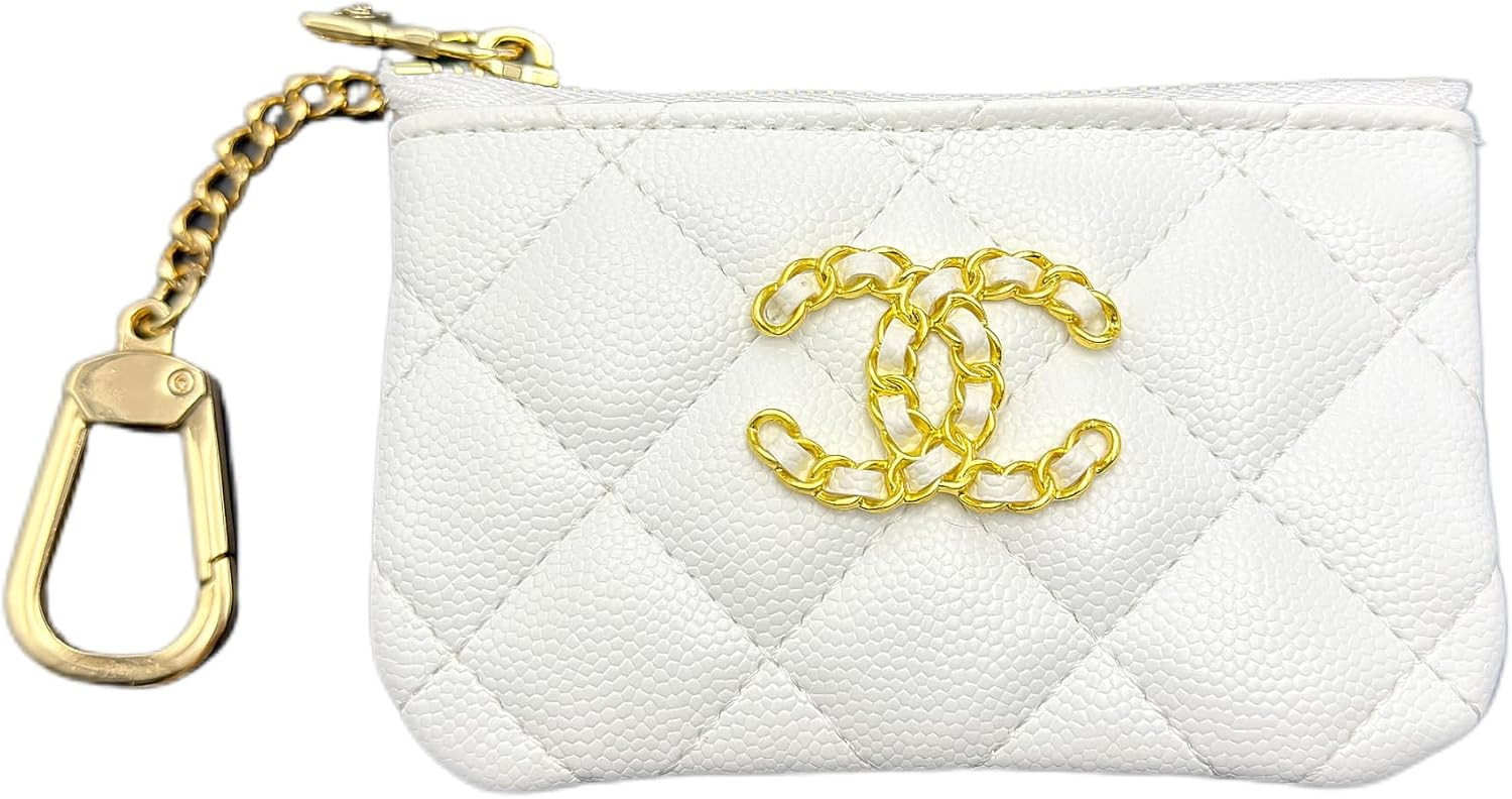 Quilted Coin Purse with Gold Chain Keychain, White | Amazon (US)