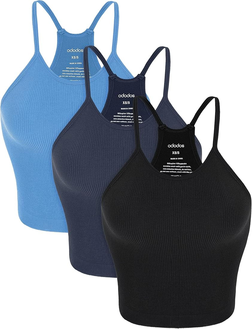 ODODOS Women's Crop 3-Pack Washed Seamless Rib-Knit Camisole Crop Tank Tops | Amazon (US)