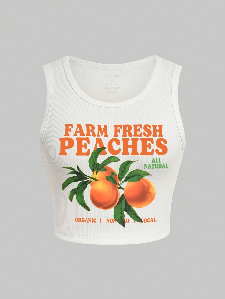 INAWLY Summer Casual Orange/Letter Printed Tank Top FARM FRESH PEACHES ORGANIC I NON 10 LOCAL | SHEIN