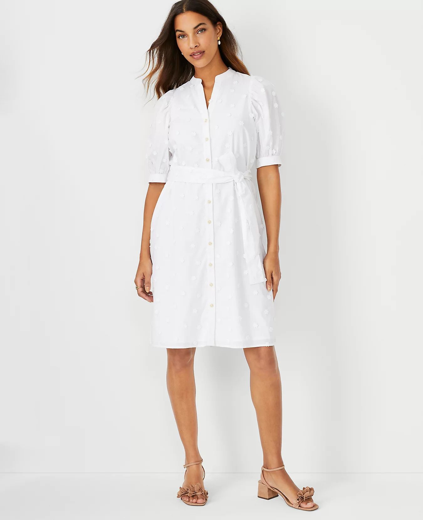 Floral Embroidered Tie Waist Shirtdress | Ann Taylor (US)