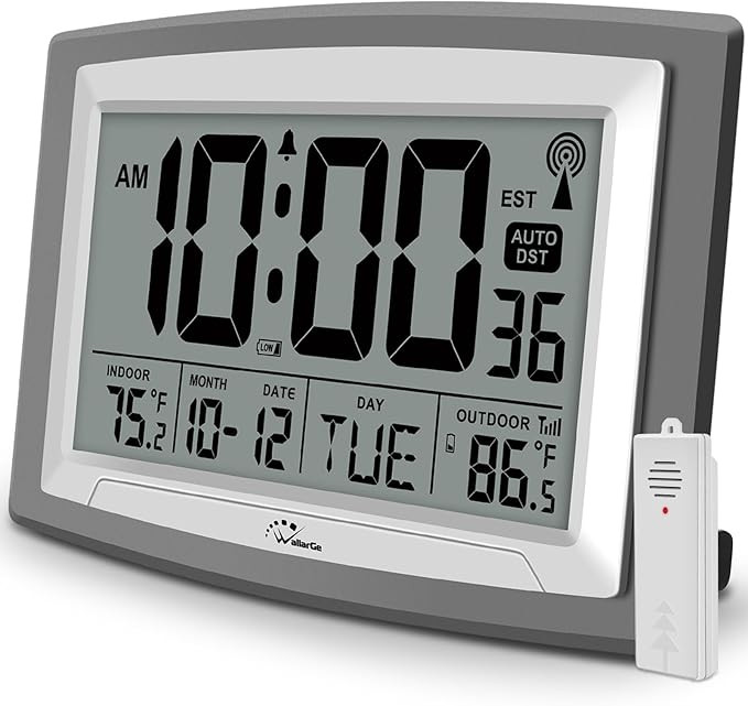 WallarGe Atomic Clock with Outdoor and Indoor Temperature - 12.5 Inch Self-Setting Digital Clock ... | Amazon (US)