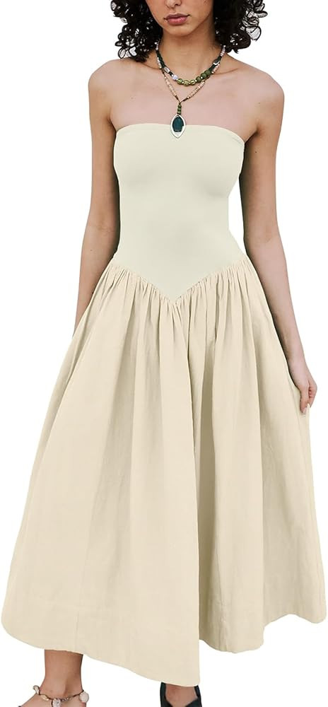 Womens Strapless Maxi Dress 2025 Summer Sleeveless Backless Patchwork A Line Flowy Solid Elegant ... | Amazon (US)