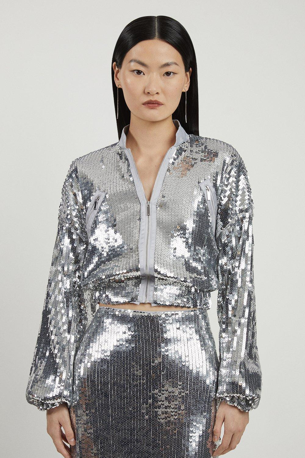 Sequin Woven Bomber Jacket | Karen Millen UK + IE + DE + NL