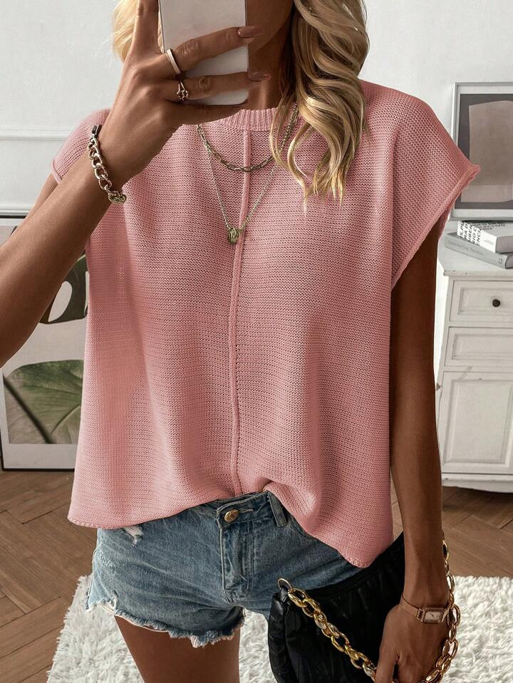 SHEIN LUNE Solid Round Neck Batwing Sleeve Sweater Vest | SHEIN