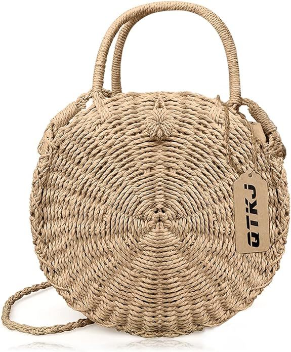 Women Straw Summer Beach Bag Handwoven Round Rattan Bag Cross Body Bag Shoulder Messenger Satchel | Amazon (US)