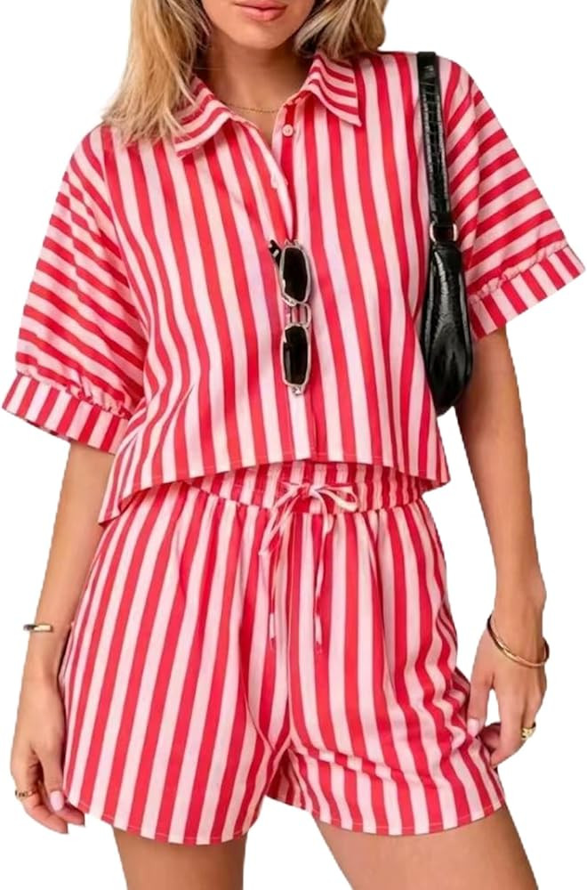 Womens 2 Piece Striped Set Short Sleeve Top Drawstring Waist Shorts | Amazon (US)
