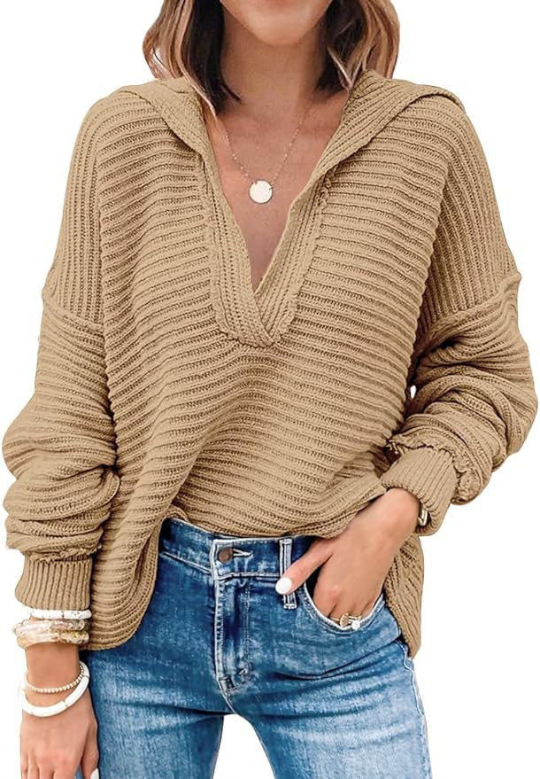 LILLUSORY Women's V Neck Oversized Sweaters Long Batwing Sleeve Collared Asymmetrical Hem Knit Pu... | Amazon (US)