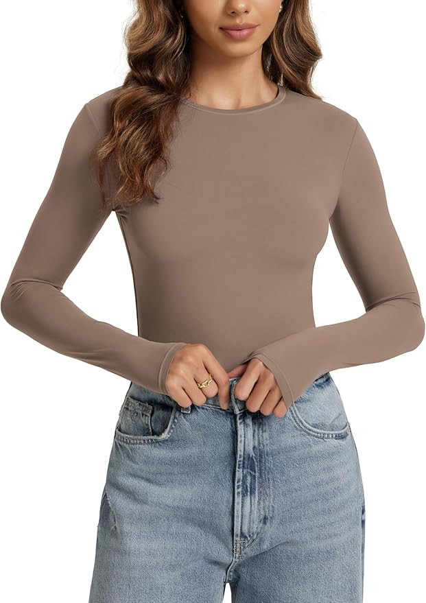 ODODOS Women's Double Layer Long Sleeve T-Shirts Ultra-Soft Lightweight Basic Tee Crew Neck Slim ... | Amazon (US)