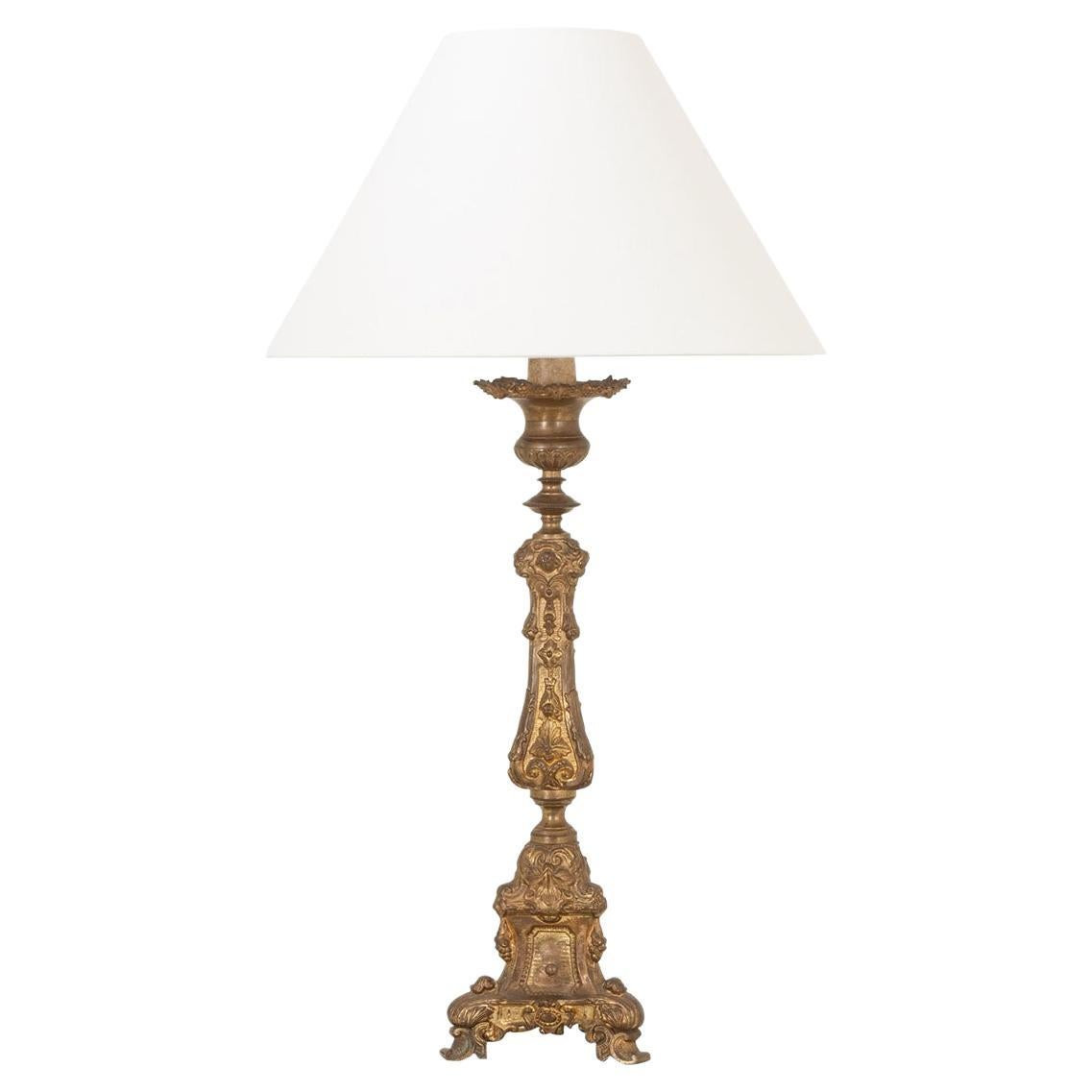 French 19th Century Brass Altar Candlestick Lamp and Shade | 1stDibs