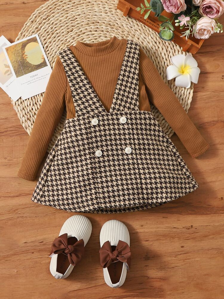 SHEIN Baby Solid Rib-knit Tee & Houndstooth Suspender Skirt | SHEIN