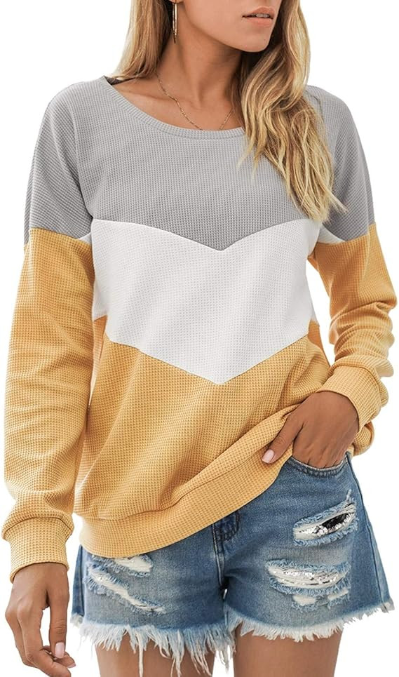 Blooming Jelly Womens Color Block Sweater Round Neck Long Sleeve Shirt Waffle Knit Pullover Fall ... | Amazon (US)