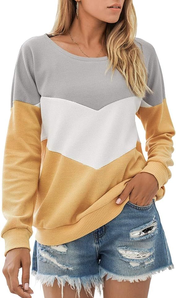 Blooming Jelly Womens Color Block Sweater Round Neck Long Sleeve Shirt Waffle Knit Pullover Fall ... | Amazon (US)