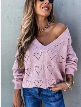 Puloru Women V Neck Long Sleeve Hollow Out Heart Shape Ribbed Knitted Sweaters | Walmart (US)