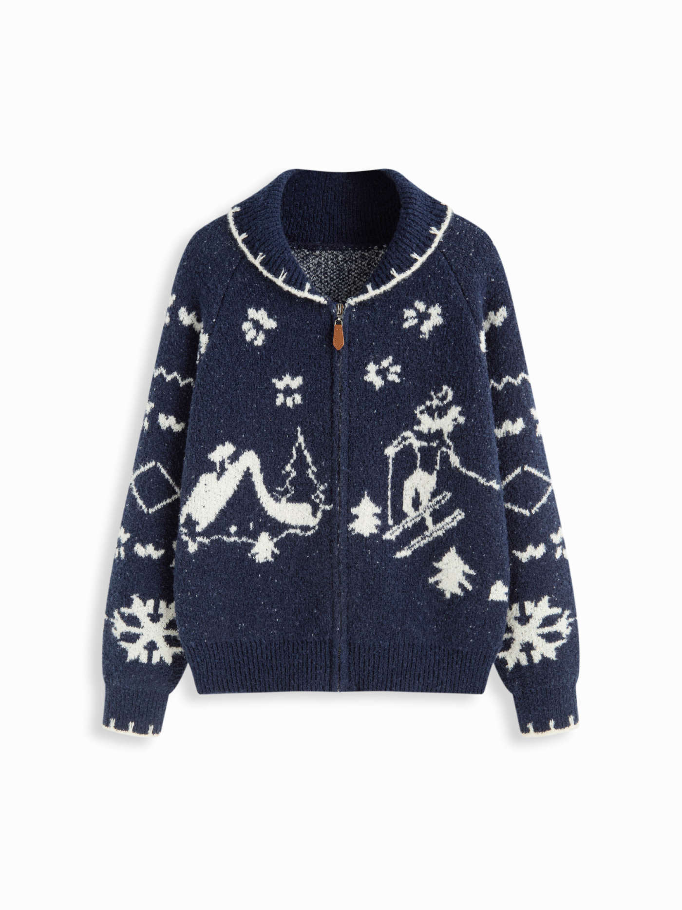 Knit Fabric Knit Snowflake Graphic Contrasting Binding Zip Through Oversized Cardigan For Daily C... | Cider