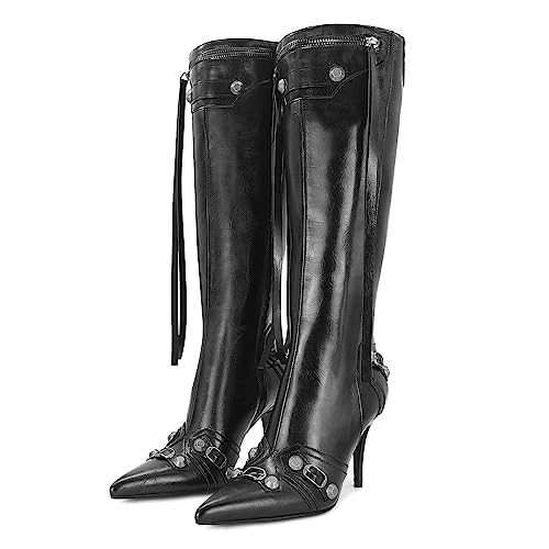 Dsevht Stiletto Boots Black Knee High Boots for Women Sexy Pointed Toe Rivets Tassel Boots Fashion Studded High Heel Long Boot Zipper | Amazon (US)