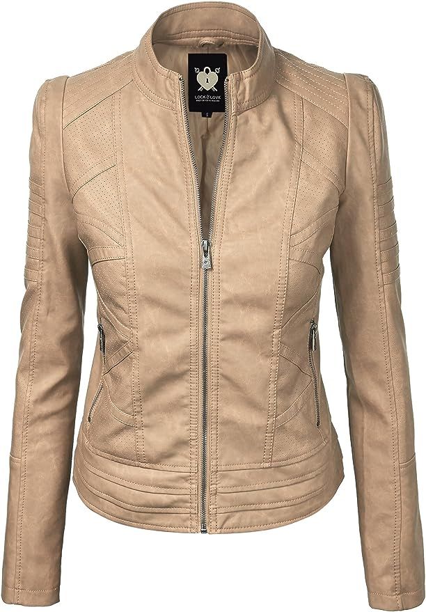 Lock and Love LL WJC746A Womens Vegan Leather Motorcycle Jacket M Khaki | Amazon (US)