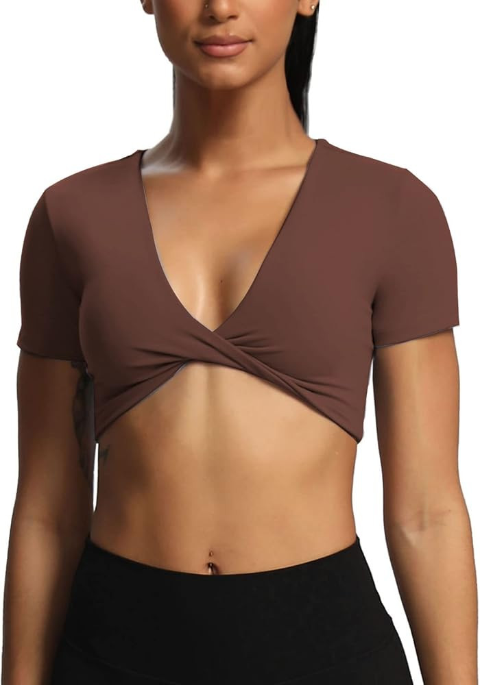Aoxjox Short Sleeve Crop Tops for Women Sienna Twist Deep V Workout Crop T Shirt Top | Amazon (US)
