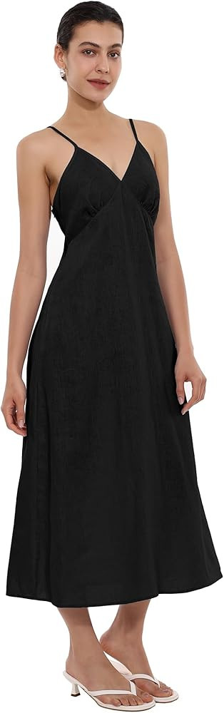 Women's 100% Linen Maxi Dress Summer Dress V Neck Spaghetti Strap Sundress for Beach Vacation | Amazon (US)
