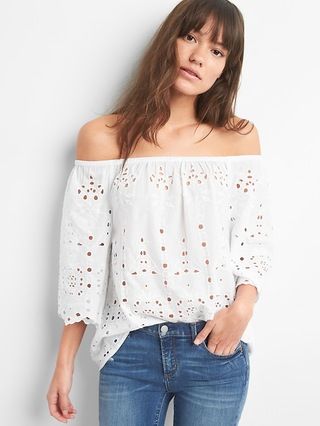 Gap Womens Off-Shoulder Embroidery Cutwork Top White Size L Tall | Gap US