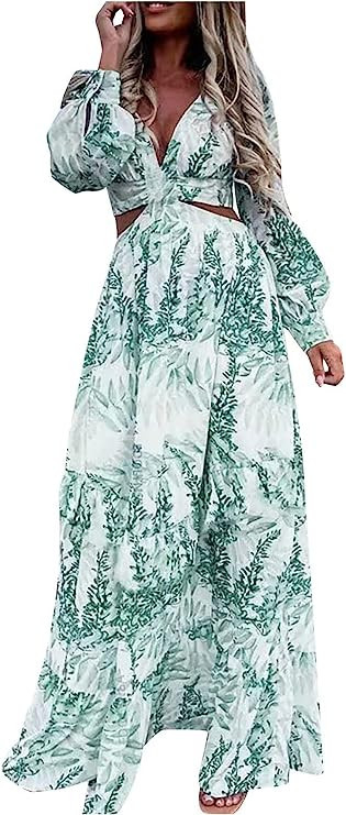 LYANER Women's Print Deep V Neck Puff Long Sleeve Cut Out Side Flowy Long Dress | Amazon (US)