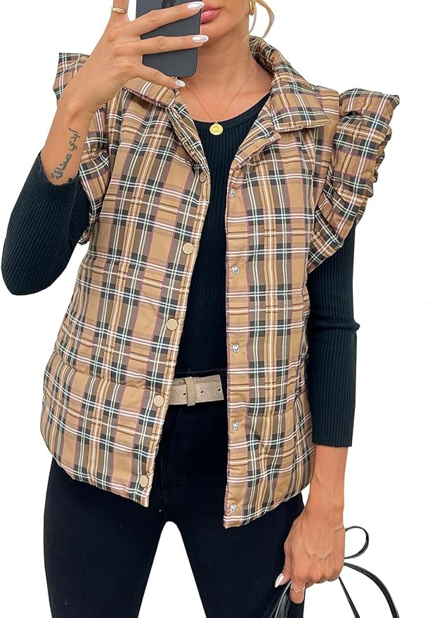 Tankaneo Womens Plaid Puffer Vests Ruffle Sleeveless Lightweight Quilted Vest Fall Winter Padded ... | Amazon (US)