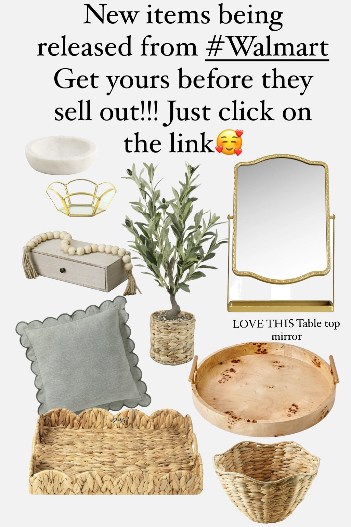 Love all these finds. Especially the price point. #viralscallopedbasket #scallopedwoodbowl #marblebowl #woodgarland #goldtrinketbowl #olivebranches #tabletopmirror # makeupmirror  #woodenvase 

#LTKHome #LTKFamily