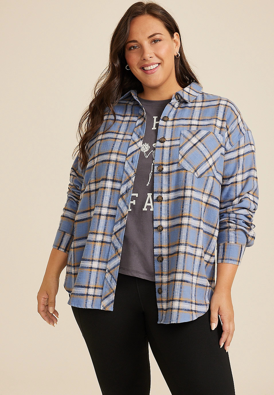 Plus Size Plaid Game Day Graphic Back Oversized Button Down Shirt | Maurices