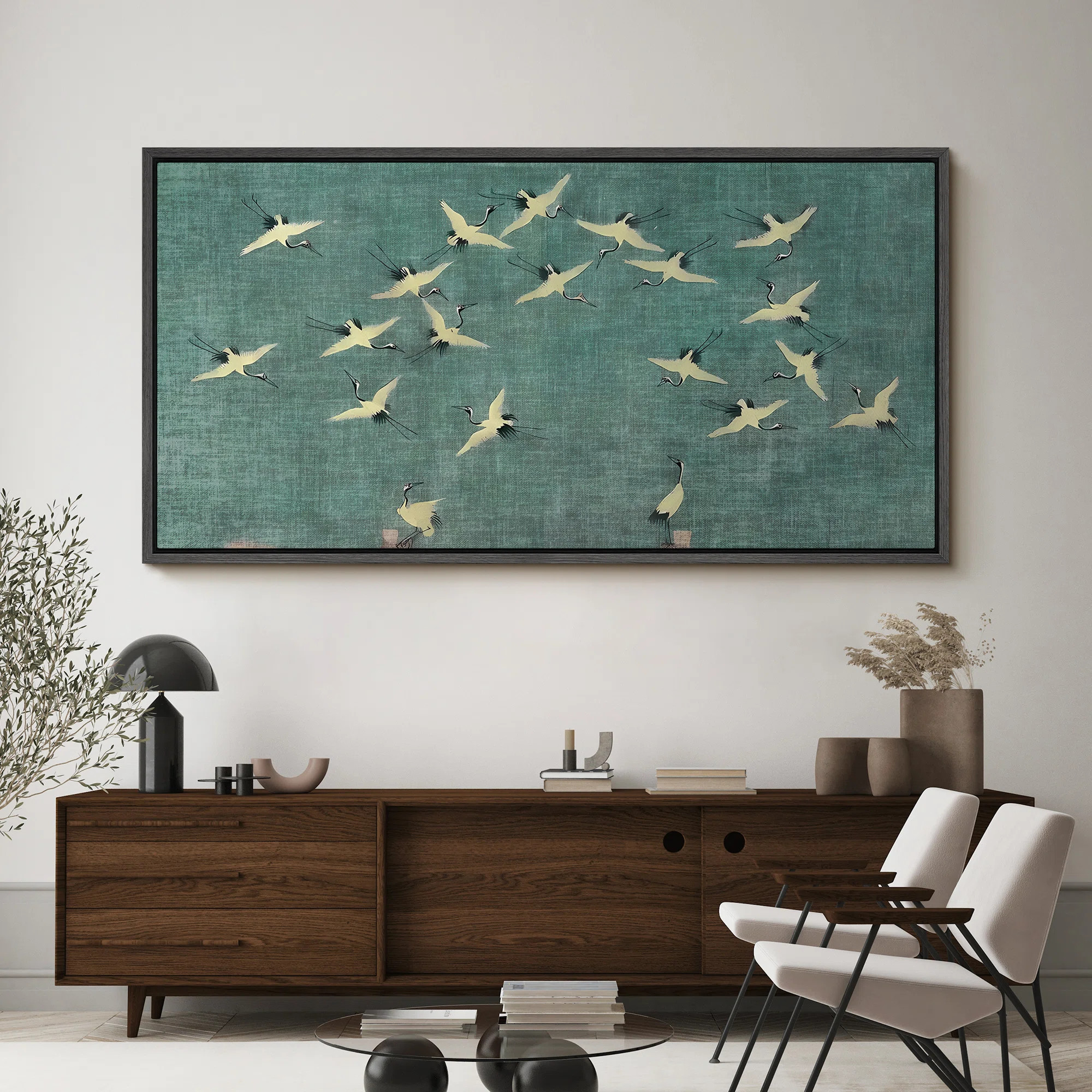 Serene Sky Cranes In Flight On Teal Rustic Artwork Extra Large Pictures Framed Canvas Print Wall ... | Wayfair North America