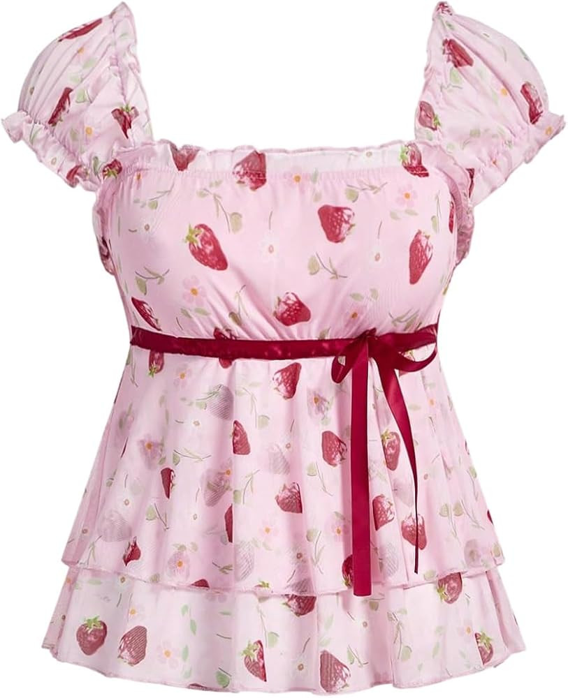 Verdusa Women's Strawberry Shirt Cute Bow Floral Mesh Cap Sleeve Layered Ruffle Fitted Crop Tops | Amazon (US)