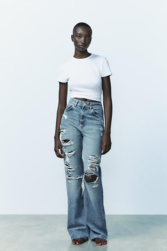 TRF HIGH RISE WIDE LEG RIPPED JEANS | Zara US