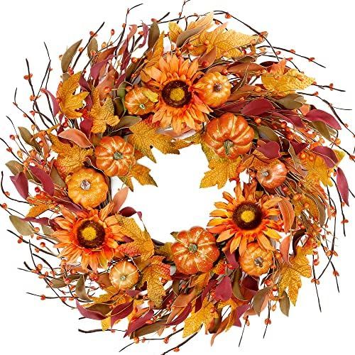 Sggvecsy Fall Wreath 22’’ Autumn Front Door Wreath Harvest Wreath with Pumpkin Sunflower Berr... | Amazon (US)
