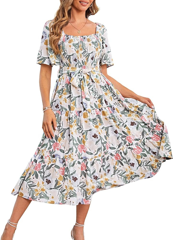 Amegoya Women's Boho Flowy Long Sleeve Square Neck Maxi Dress Fall Wedding Guest Dresses | Amazon (US)