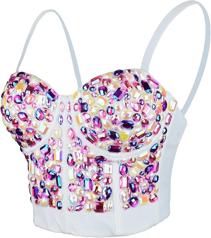 ELLACCI Women's Sexy Rhinestone Bustier Crop Top Club Party Glitter Corset Top Bra Purple | Amazon (US)