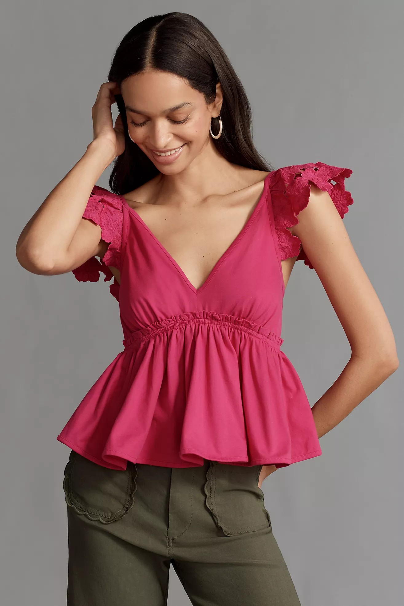 By Anthropologie Cotton Flutter-Sleeve V-Neck Babydoll Top | Anthropologie (US)