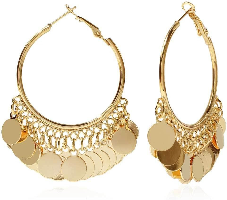 Bohemian Chandelier Tassel Sequins Dangle Drop Earrings Gold Filigree Earrings Coin Disc Hoop Earrings for Women Statement Jewelry | Amazon (US)