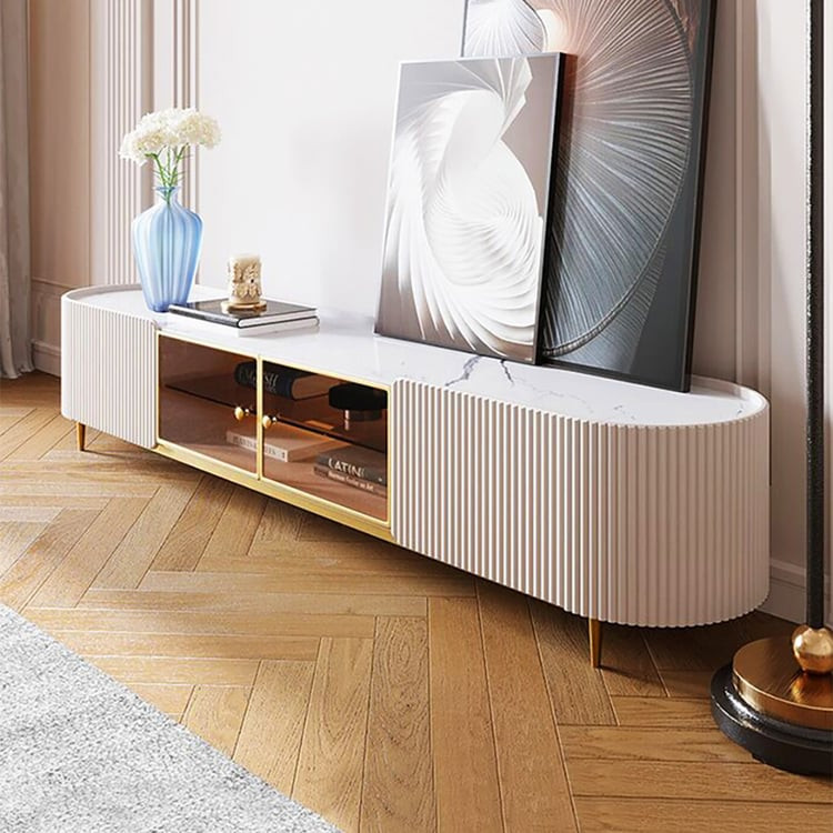 Palley Modern Oval TV Stand with Storage & Glass Doors in White for TV Up to 85 Inch | Homary