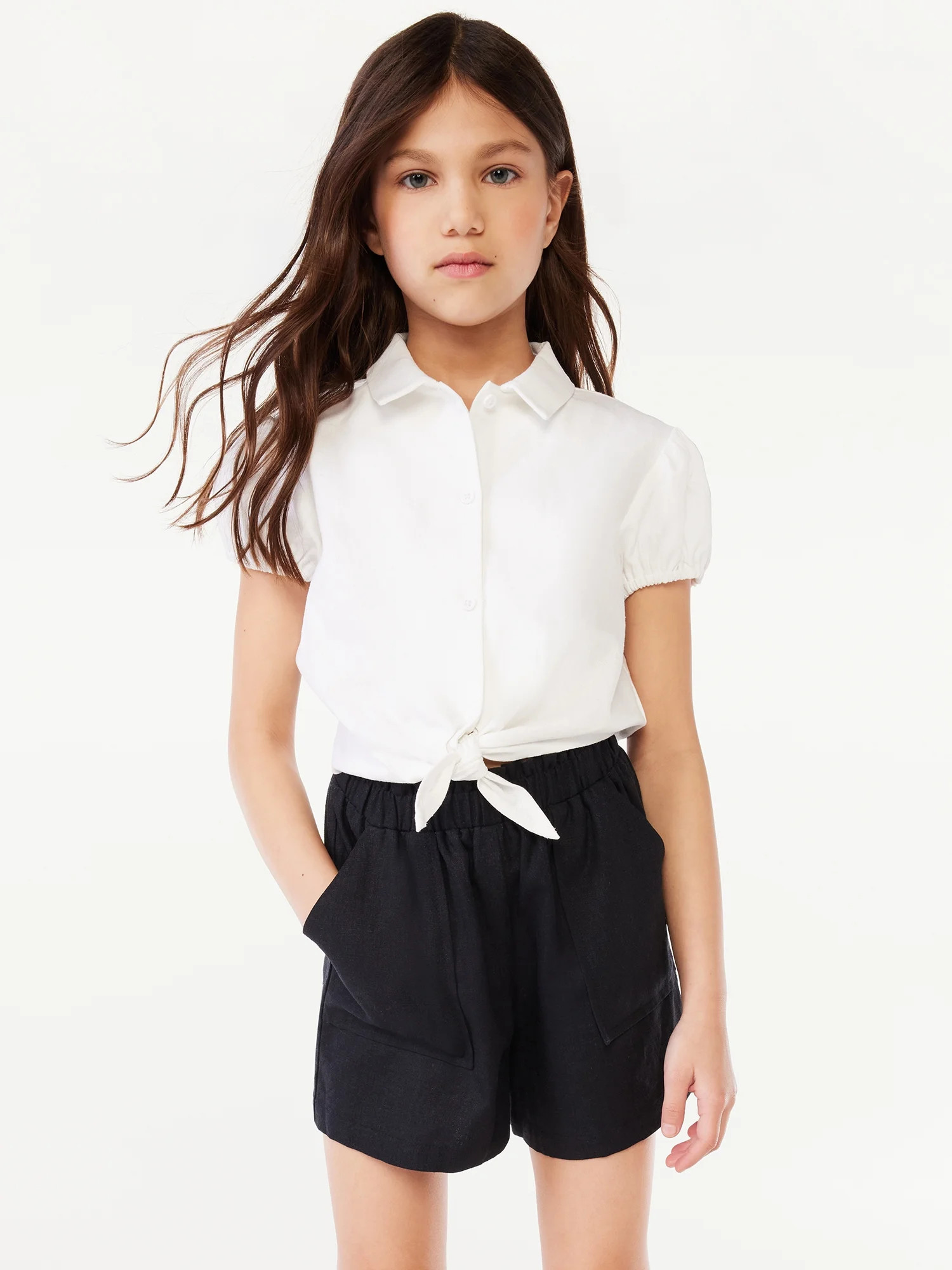 Scoop Girls Short Sleeve Linen Blend Shirt with Tie Front, Sizes 4-16 - Walmart.com | Walmart (US)