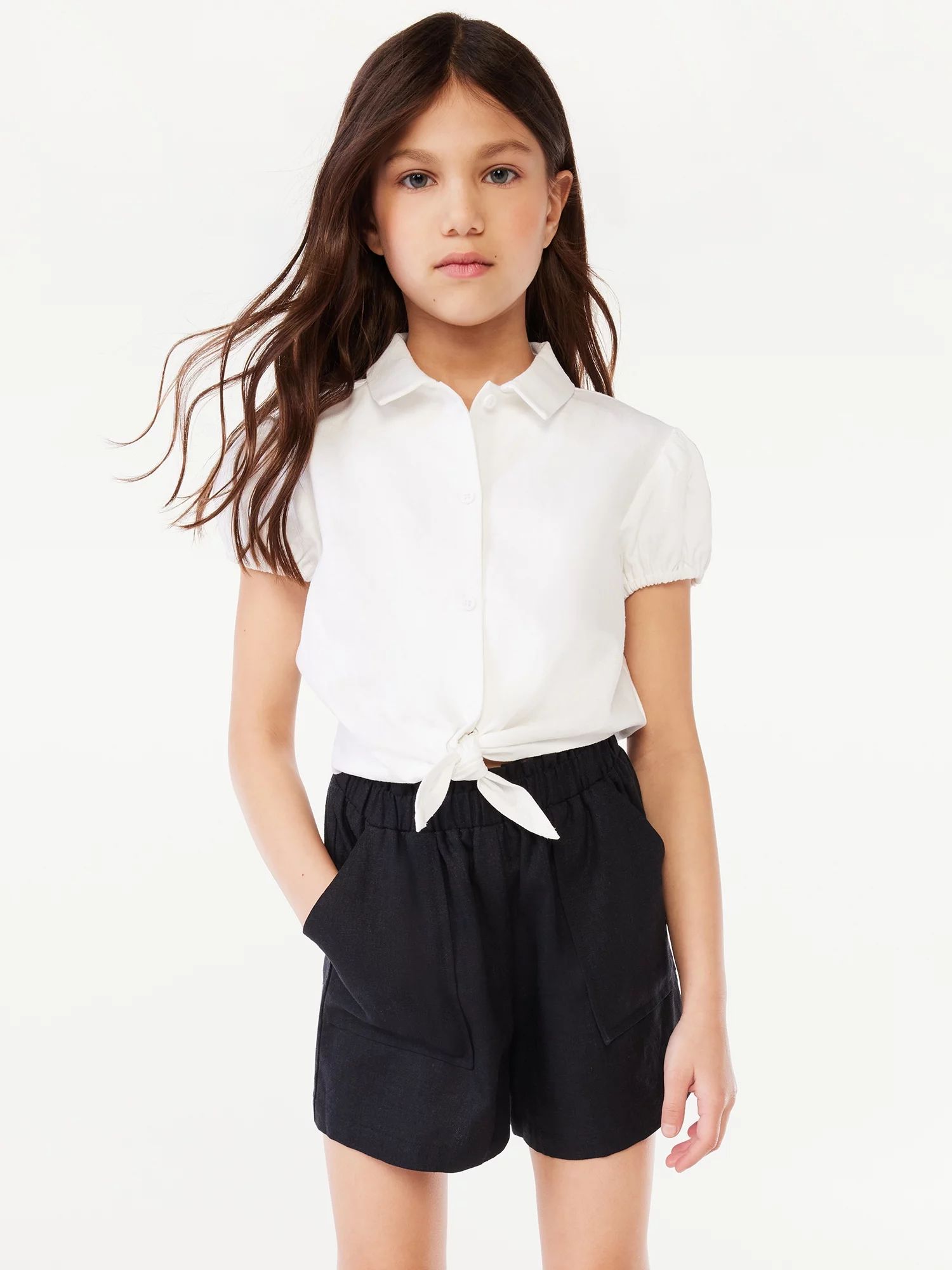 Scoop Girls Short Sleeve Linen Blend Shirt with Tie Front, Sizes 4-16 - Walmart.com | Walmart (US)