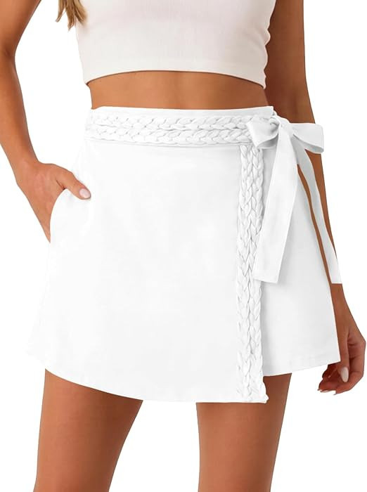 Tankaneo Womens Wrap Mini Skirt Skort Summer Casual Braided High Waisted Bow Tie Skirt Shorts wit... | Amazon (US)