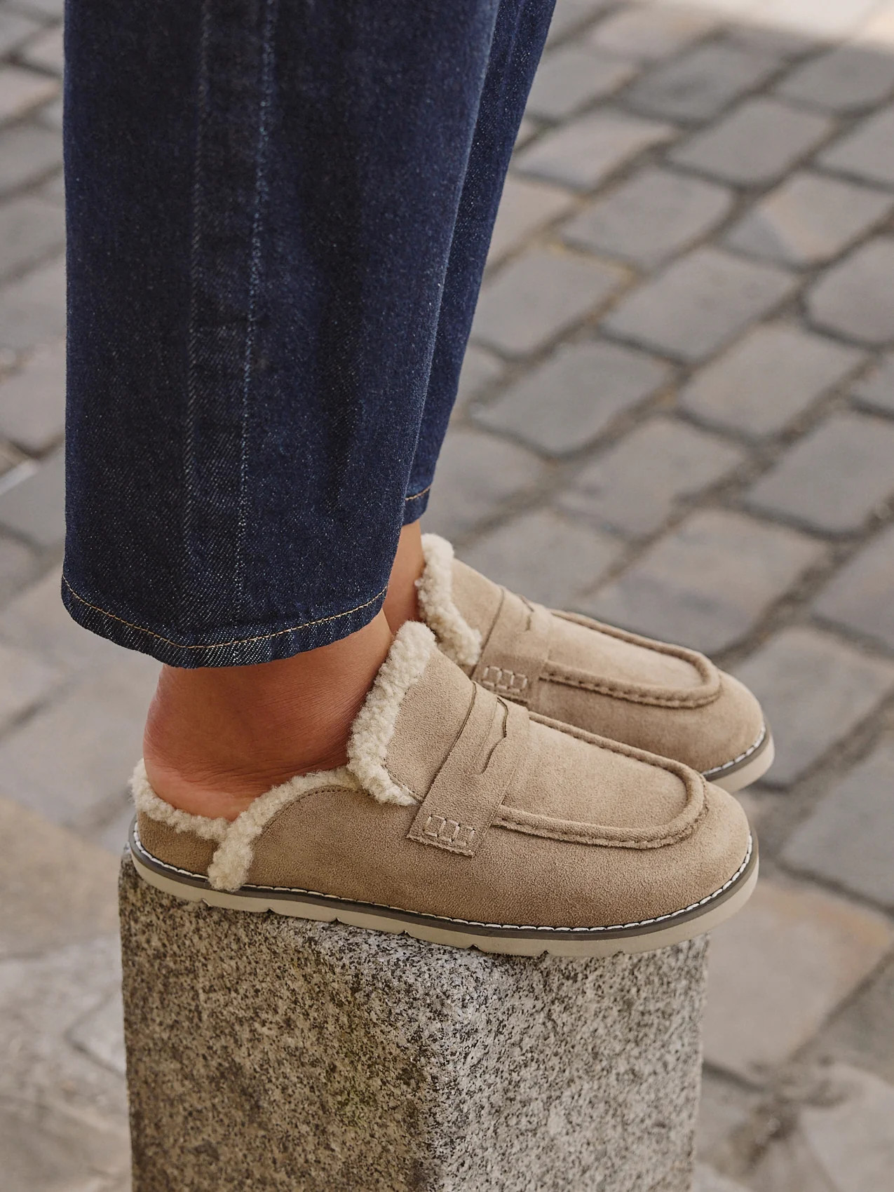 Collected Taupe Faux Fur Mule Loafers | Linzi Shoes