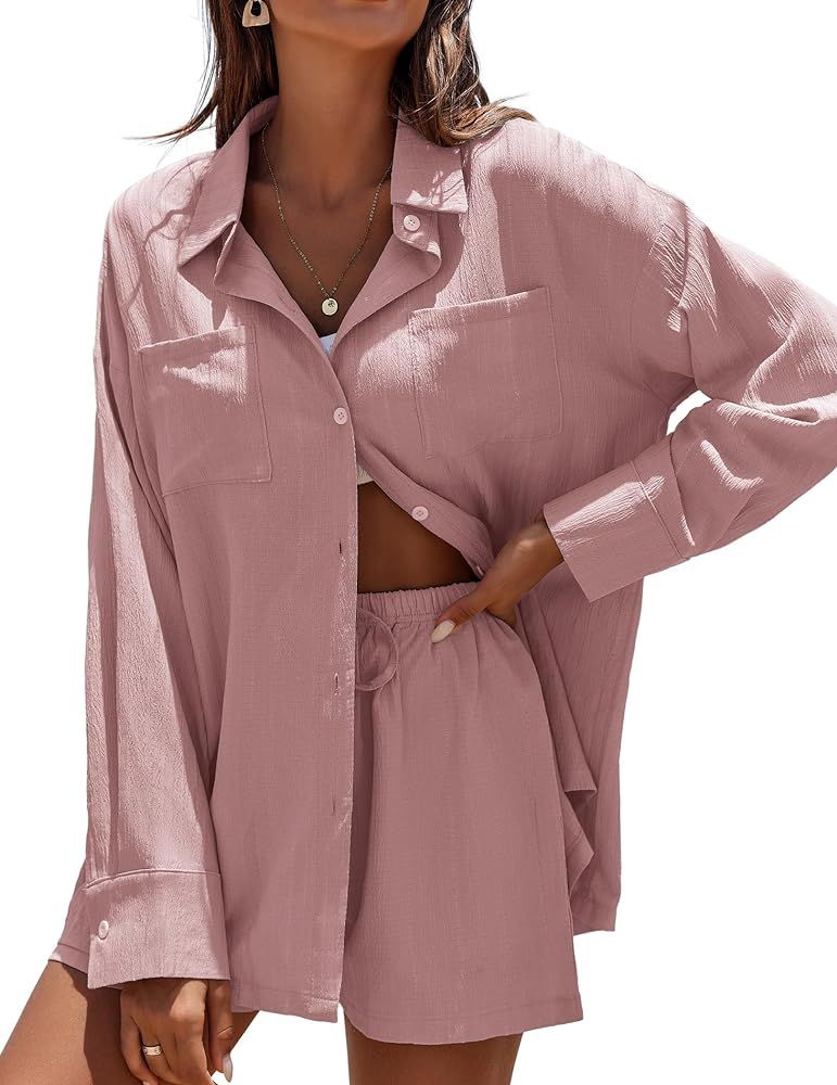 Ekouaer Womens Button Down Lounge Set Comfy 2 Piece Loungewear Pajama Sets with Pockets | Amazon (US)