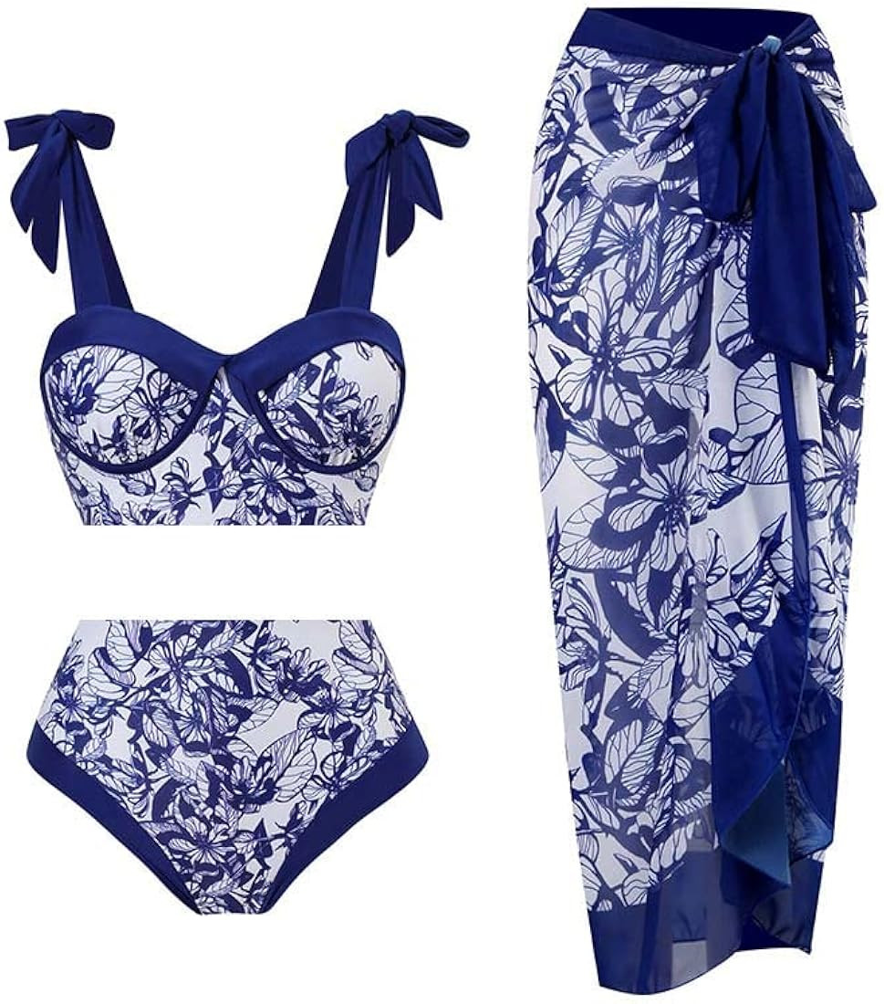Women Swimsuits Abstract Printing Notched Square/V Neck Floral Vacation One Piece with Cover Up | Amazon (US)
