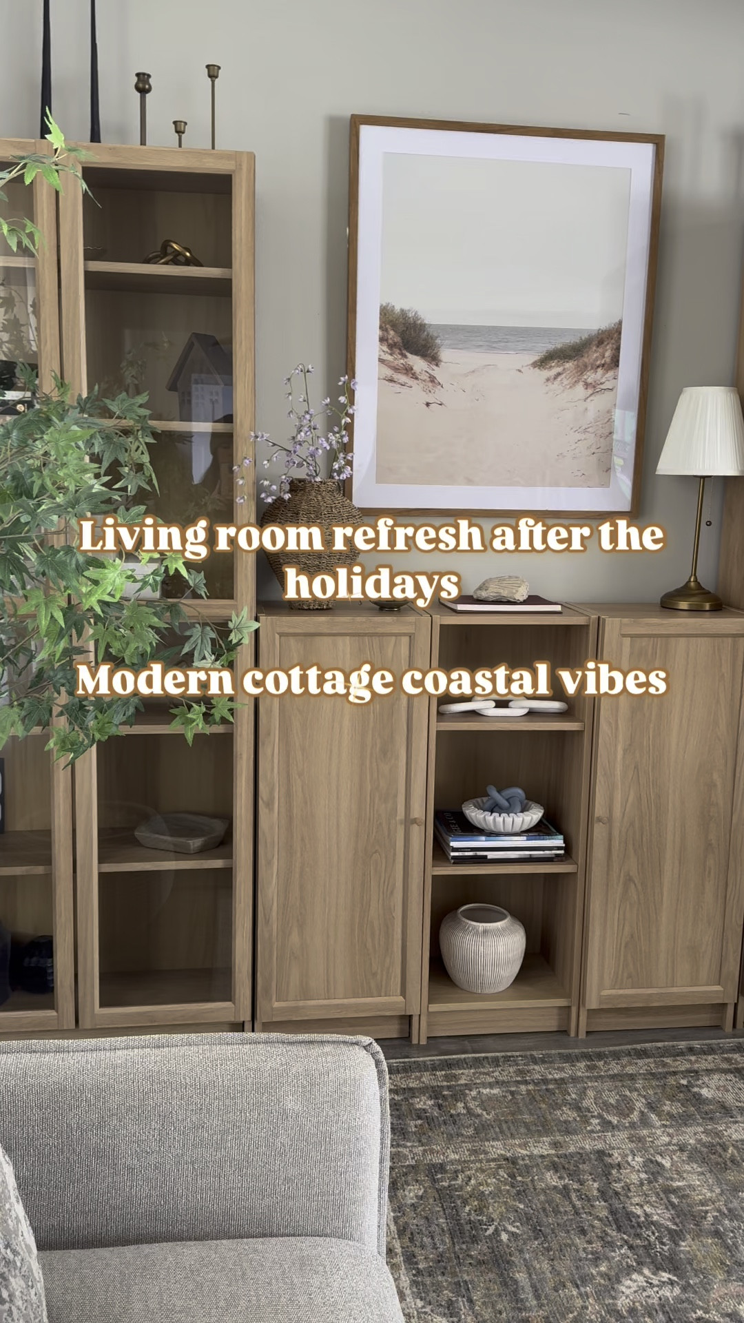 Living room refresh after the holidays. IKEA Billy bookcases with oxberg doors. Beach framed art from target. Studio McGee. Gold lamp from ikea. Seagrass vase and florals from hobby lobby. Other decor from hobby lobby, homegoods, walmart, my Texas house. Rug is loloi x chrislovesjulia Rosemarie rug

#livingroom #decor #moderncottage #coastaldecor #ikea 

#LTKStyleTip #LTKSeasonal #LTKHome