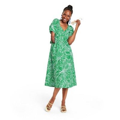 Women's Linear Floral Print Puff Sleeve Tie-Back Midi Dress - Tabitha Brown for Target Green | Target