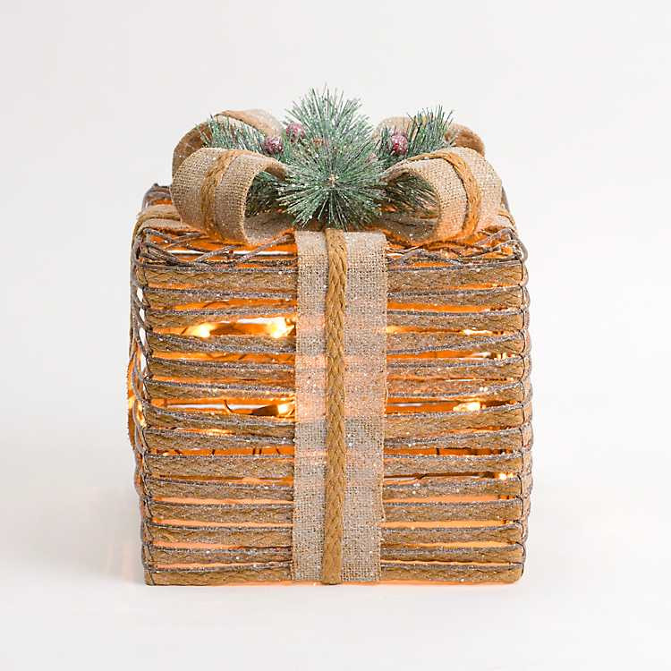 Pre-Lit Braided Burlap Christmas Gift Box, 10 in. | Kirklands